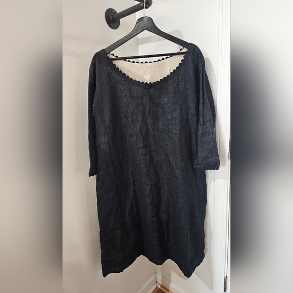 Dosa Black Linen Dress w/ Scalloped Neckline - Picture 2 of 6
